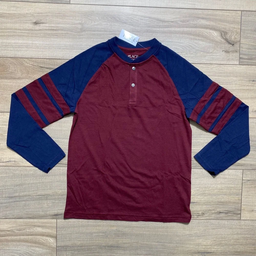 The Children's Place Boys Striped Arm Long Sleeve Henley Top Size Large Red Blue